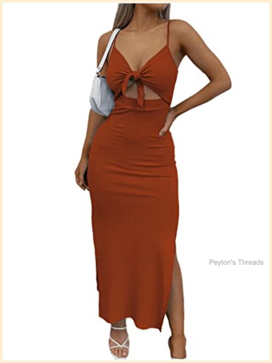 Dresses & Skirts - Tie Knot Cut Out Bodycon Midi Dress with Side Slit, Sleeveless V-Neck